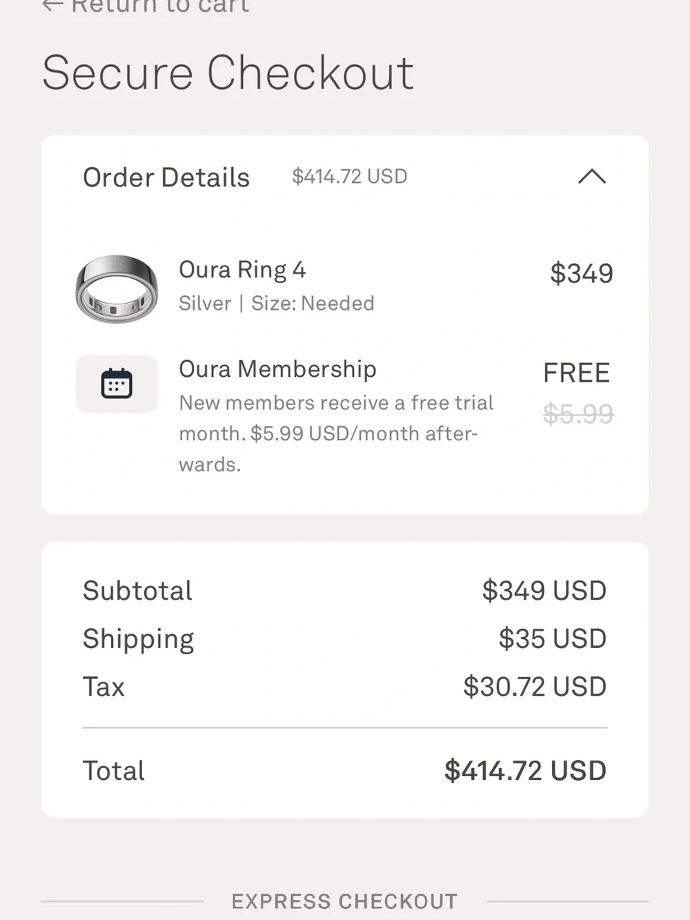 Oura Ring 4 Smart Ring - Silver size 9